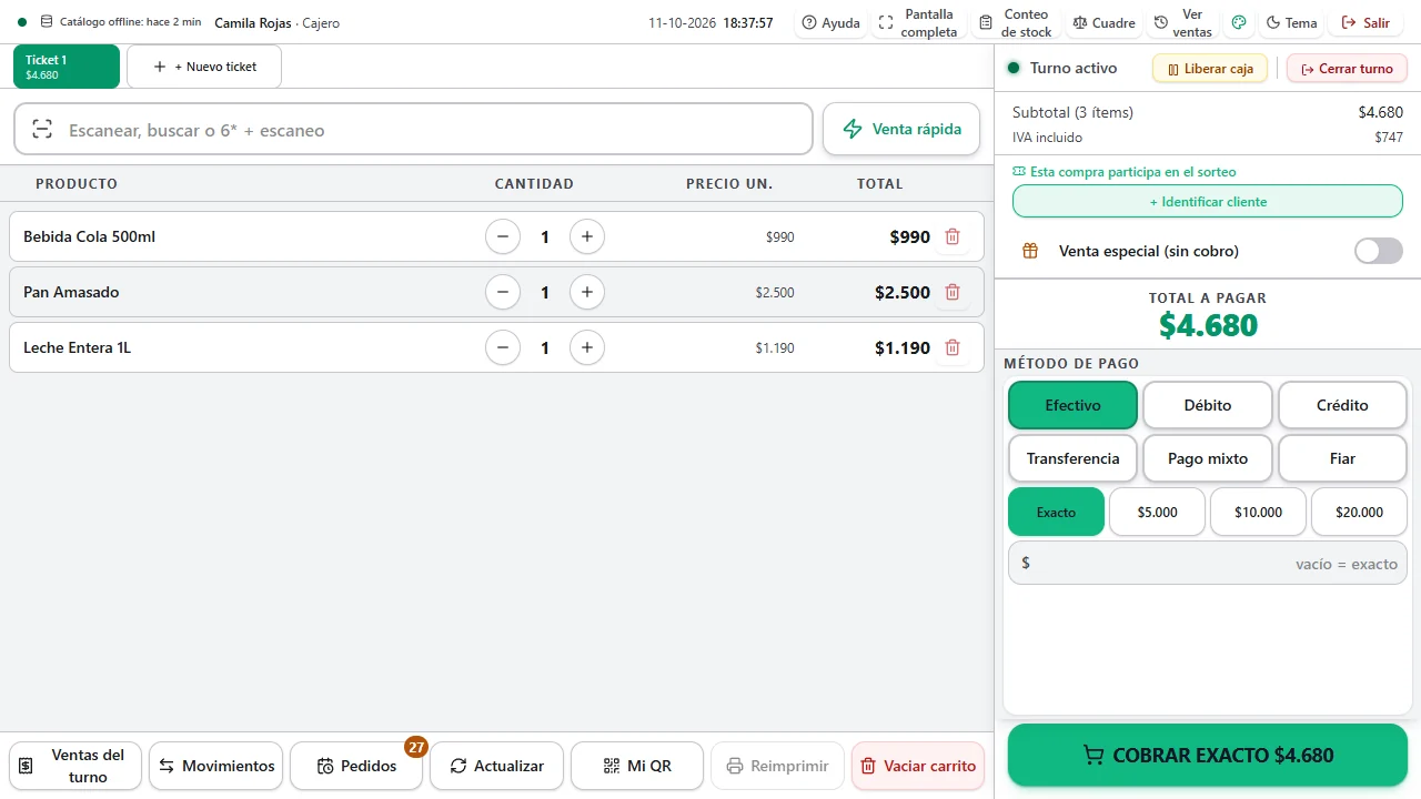 Terminal de Venta de Vendra en modo claro: carrito con Bebida Cola 500ml, Pan Amasado y Leche Entera 1L, IVA incluido, total a pagar $4.680 y método de pago Efectivo seleccionado. Los colores cambian para mostrar que cada usuario puede elegir el color principal de su pantalla.